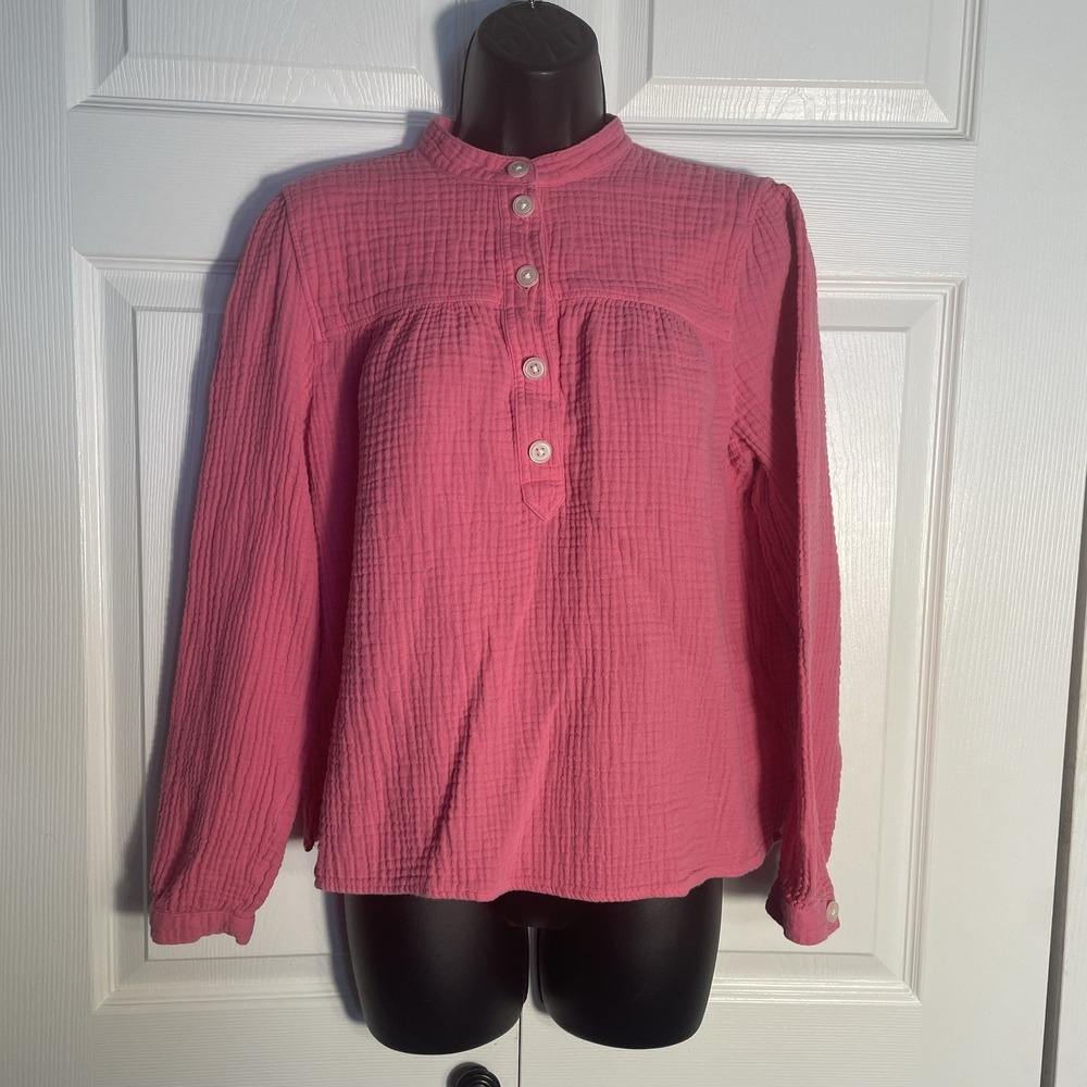 J Crew Fresco Top Women Large Pink Cotton Gauze Henley Long Sleeve Popover Shirt